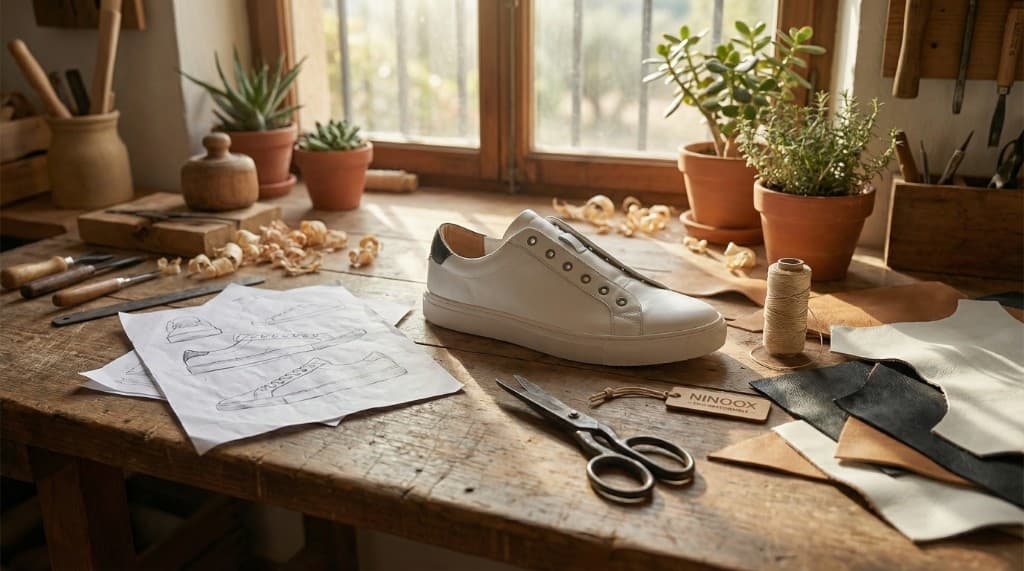 Taller artesanal NINOOX: zapatilla de cuero blanca, bocetos, herramientas y materiales con etiqueta ECO-RESPONSABLE